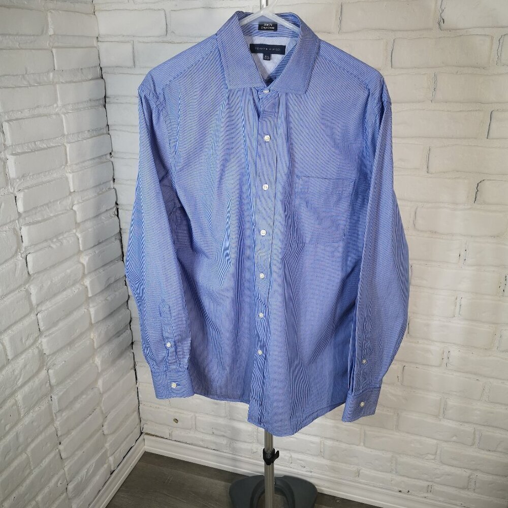 Tommy Hilfiger Slim Fit Men's Size 15 1/2 Button Front Blue w/ Pin Stripes Shirt
